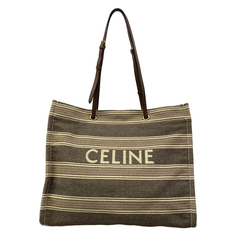Celine Square Hippo Plan Soleil Tote Bag Gray Beige Cream Canvas Leather